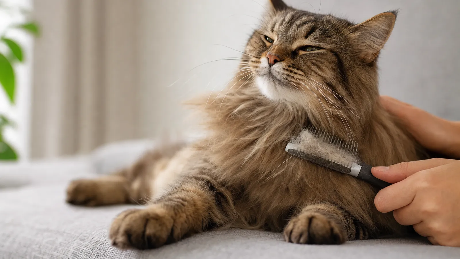 Tutora escovando com cuidado um gato de pelo longo deitado no sofá