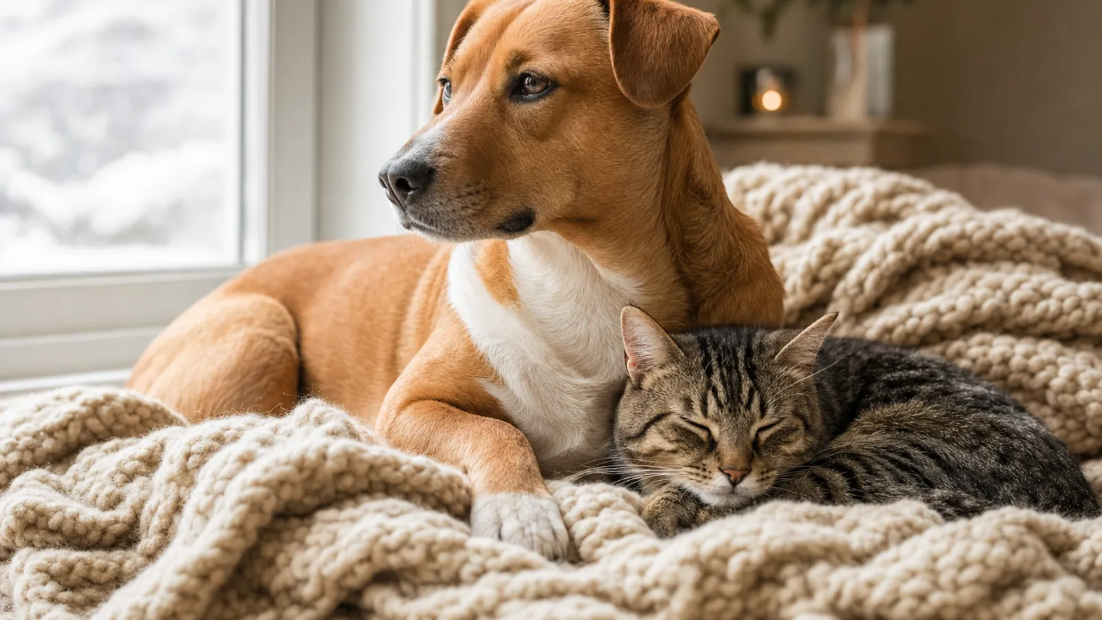 Cachorro de pelo curto e gato deitados juntos sobre uma manta quente em casa, em dia frio