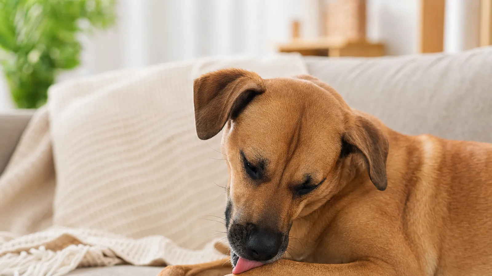 Cachorro de porte médio deitado no sofá lambendo a pata dianteira