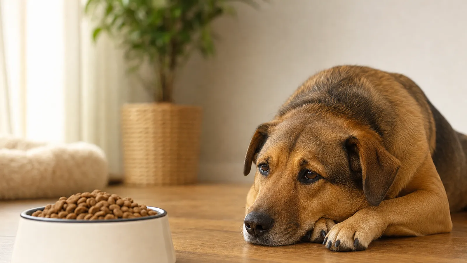 Cachorro deitado ao lado do pote de ração cheio, com o focinho apoiado nas patas