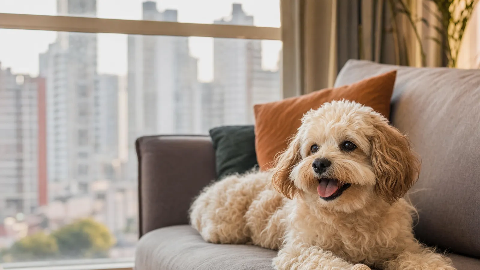 Cachorro pequeno deitado em um sofá de apartamento com a janela da cidade ao fundo