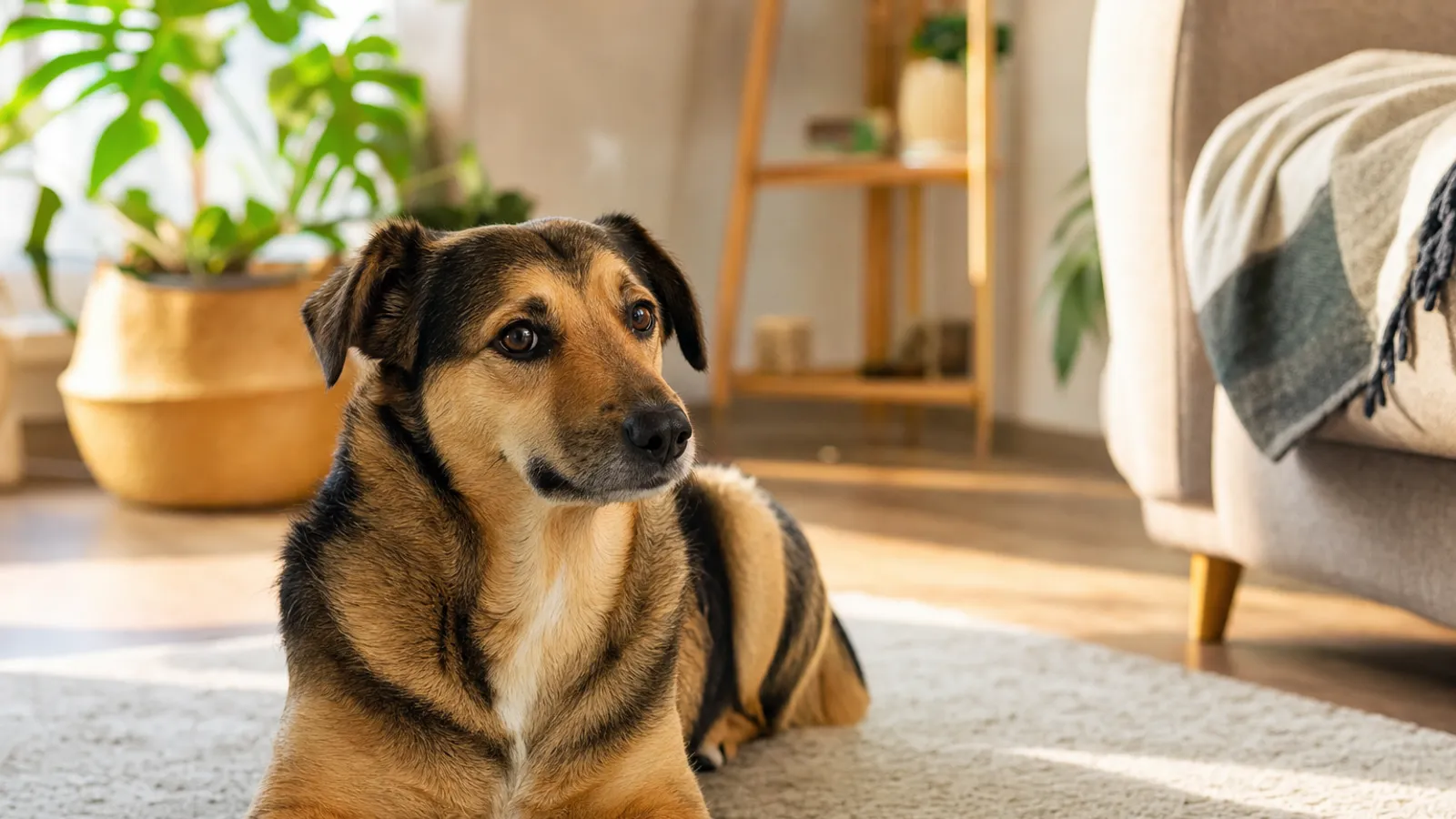 Cachorro de porte médio deitado no tapete da sala, com olhar tranquilo