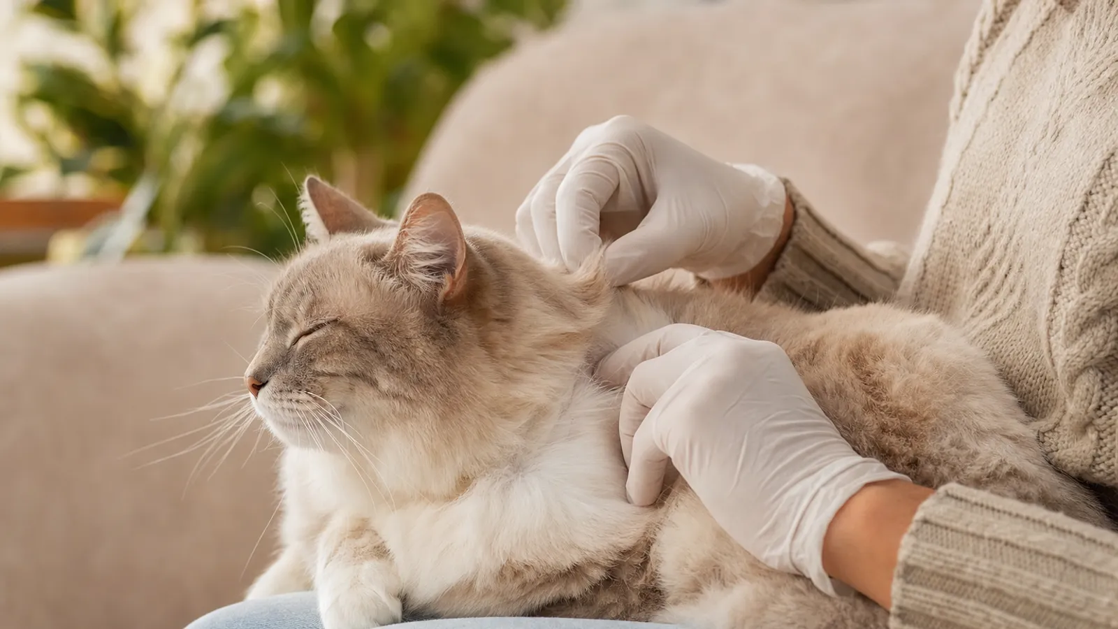 Gato de pelo claro deitado de lado no colo enquanto mãos com luvas examinam o pelo do pescoço