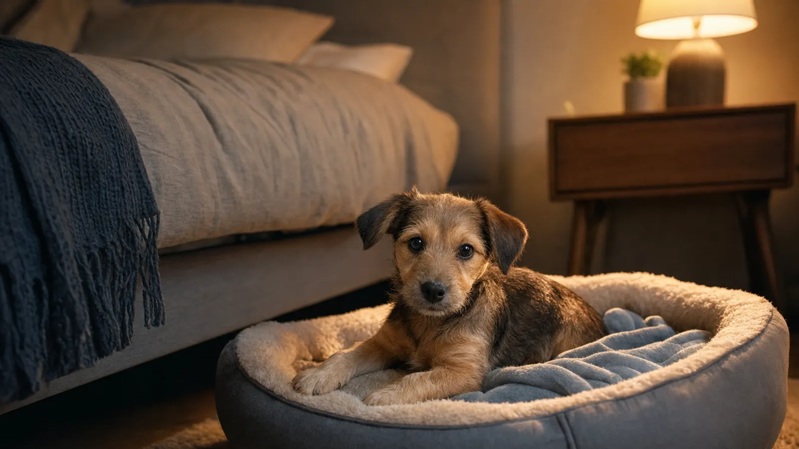 Filhote de cachorro deitado em uma caminha macia ao lado da cama do tutor, à noite