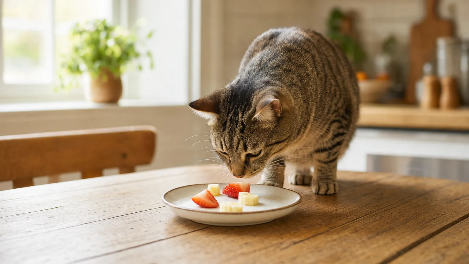 Gato curioso cheirando pedaços pequenos de banana e morango em um prato sobre a mesa da cozinha