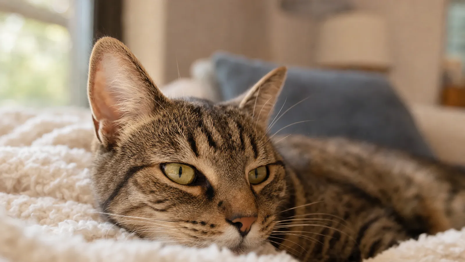 Gato tigrado deitado em uma manta, com o focinho próximo à câmera