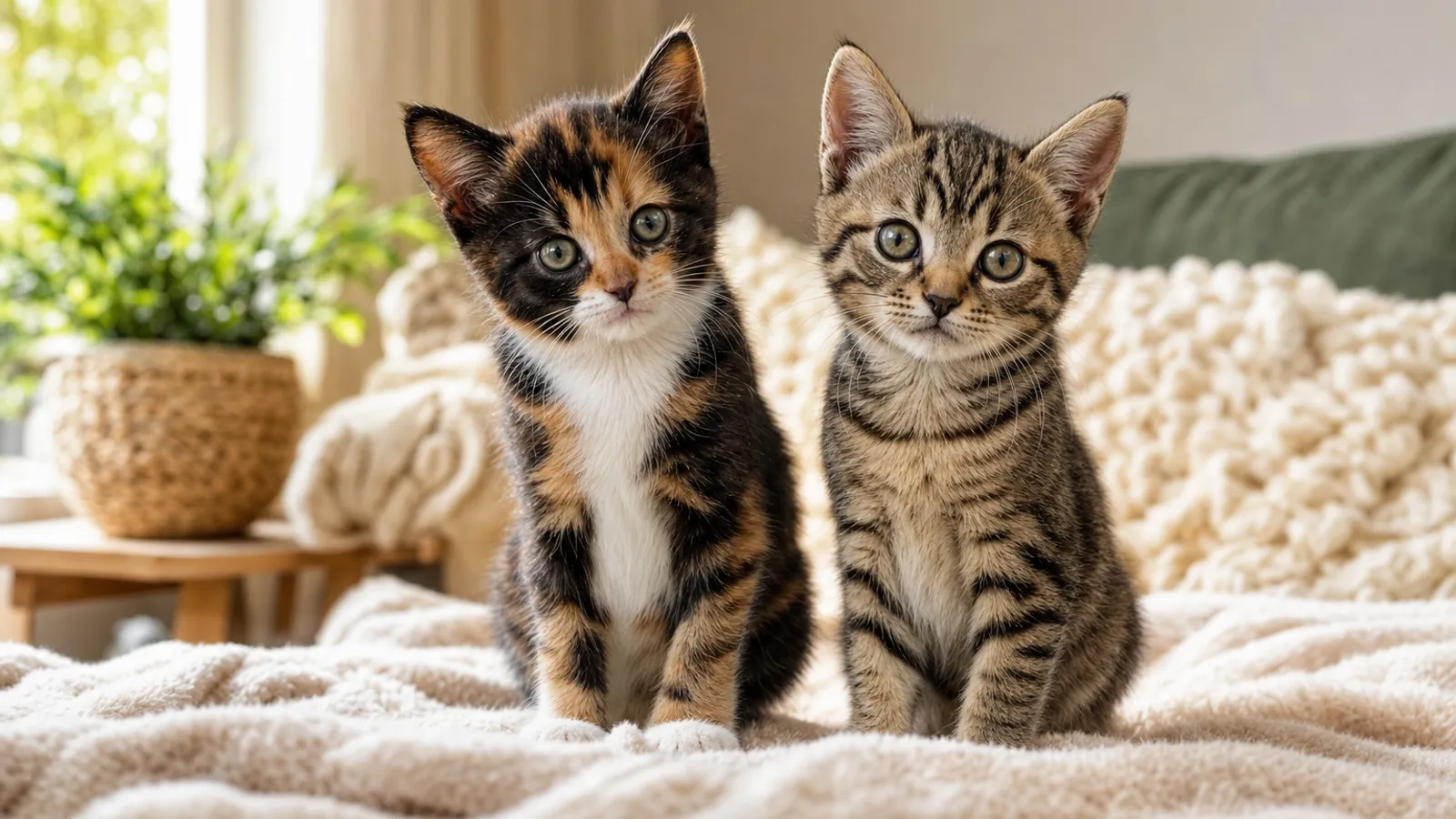 Dois gatinhos filhotes, um tricolor e um rajado, sentados lado a lado em uma manta
