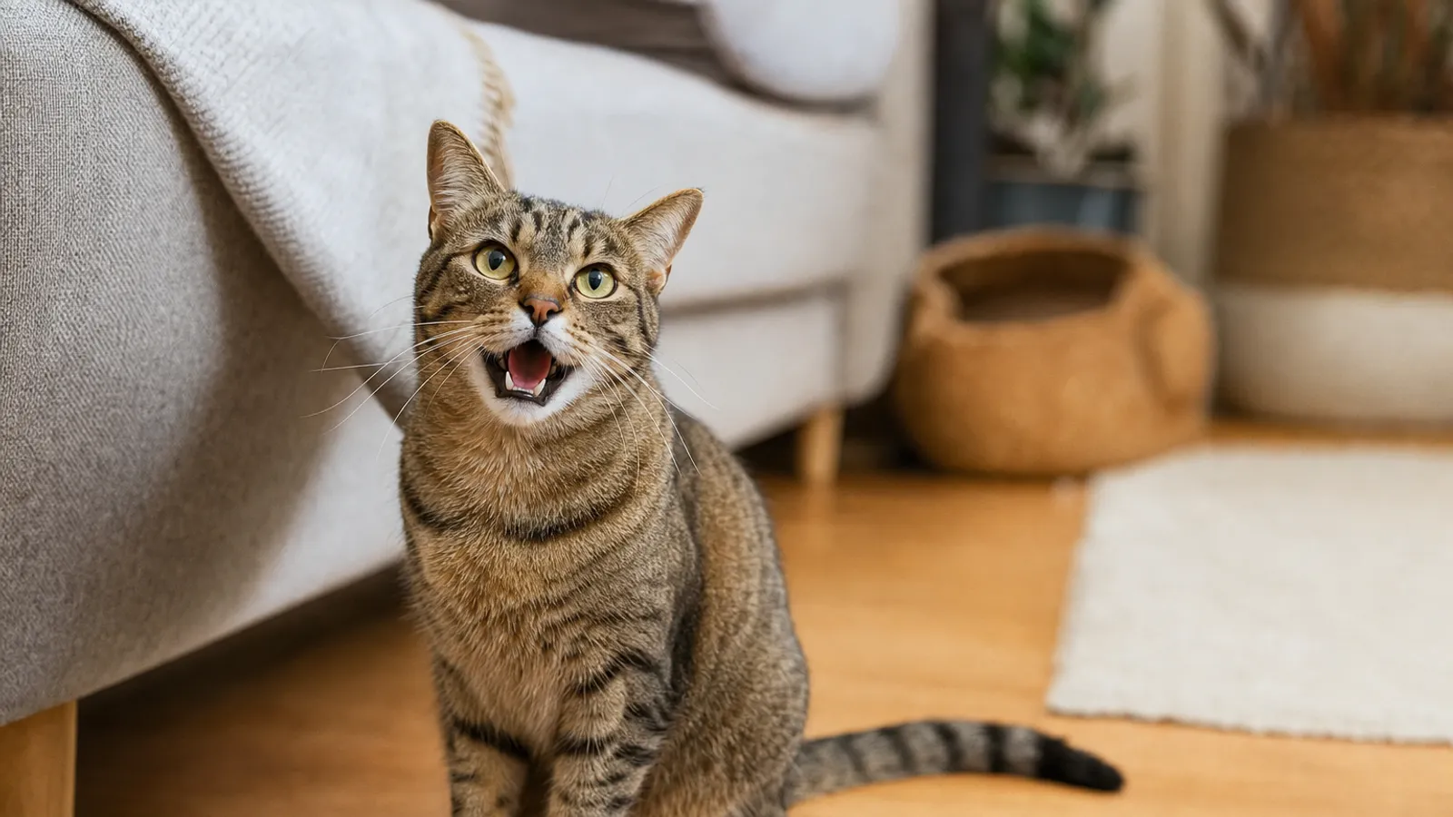 Gato tigrado sentado no chão da sala, com a boca aberta como se estivesse miando para alguém fora da foto