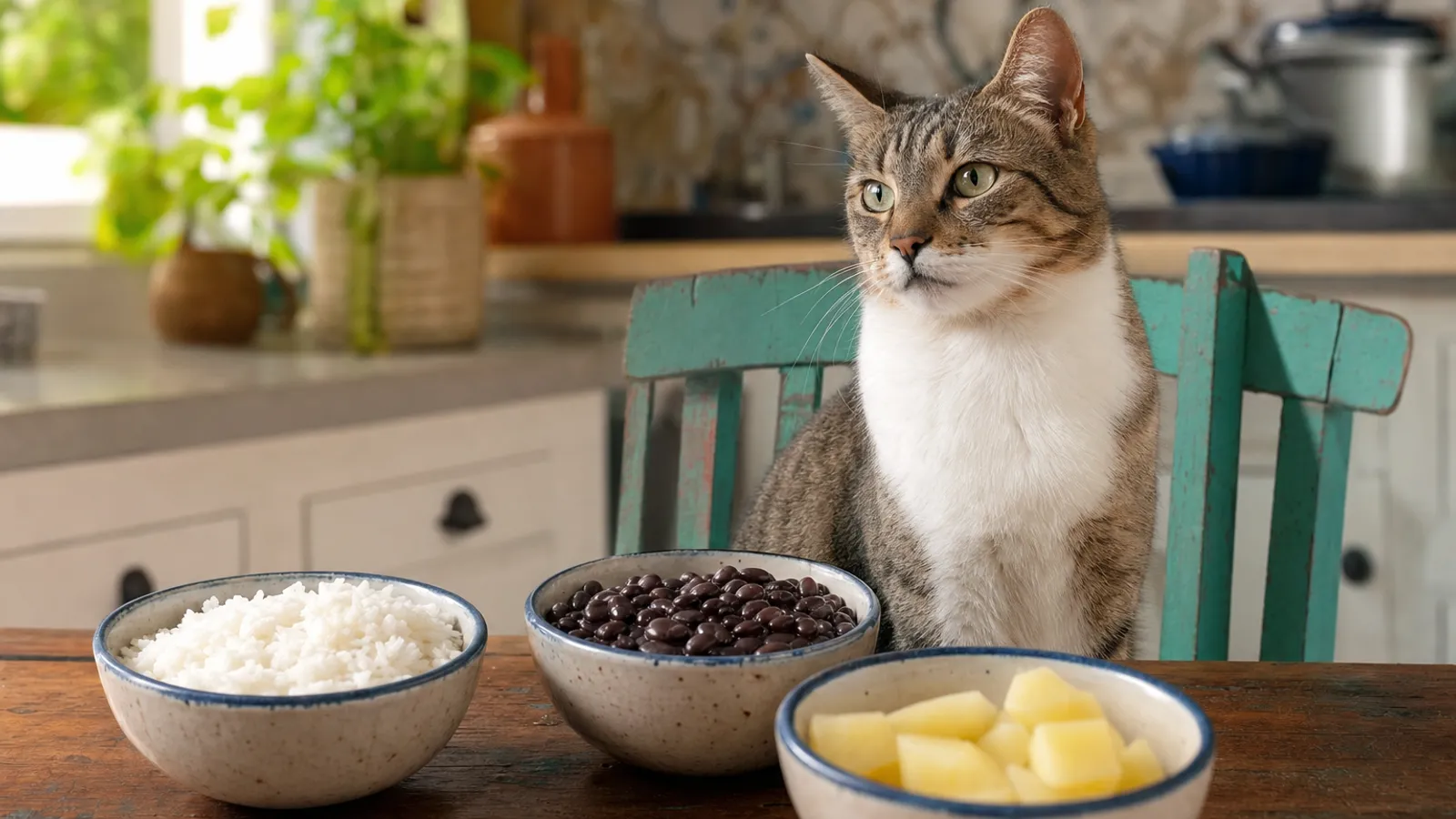 Gato sentado ao lado de uma mesa de cozinha com pequenas porções de arroz, feijão e batata cozidos em tigelas