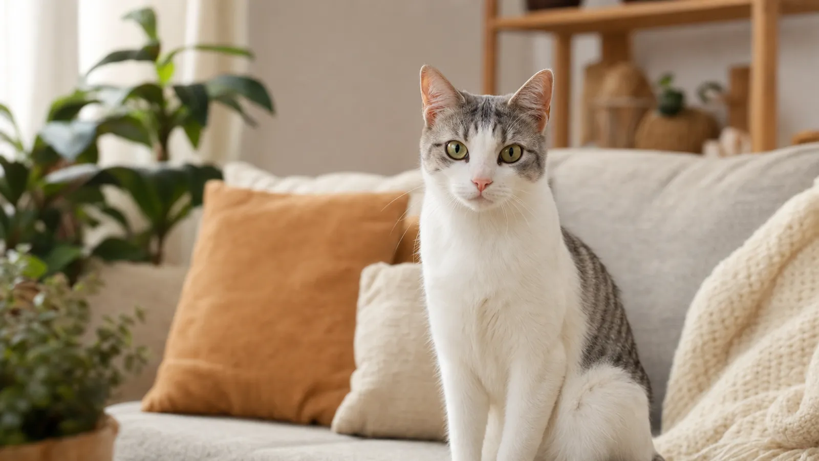 Gato branco e cinza sentado no sofá, olhando para a câmera com expressão atenta
