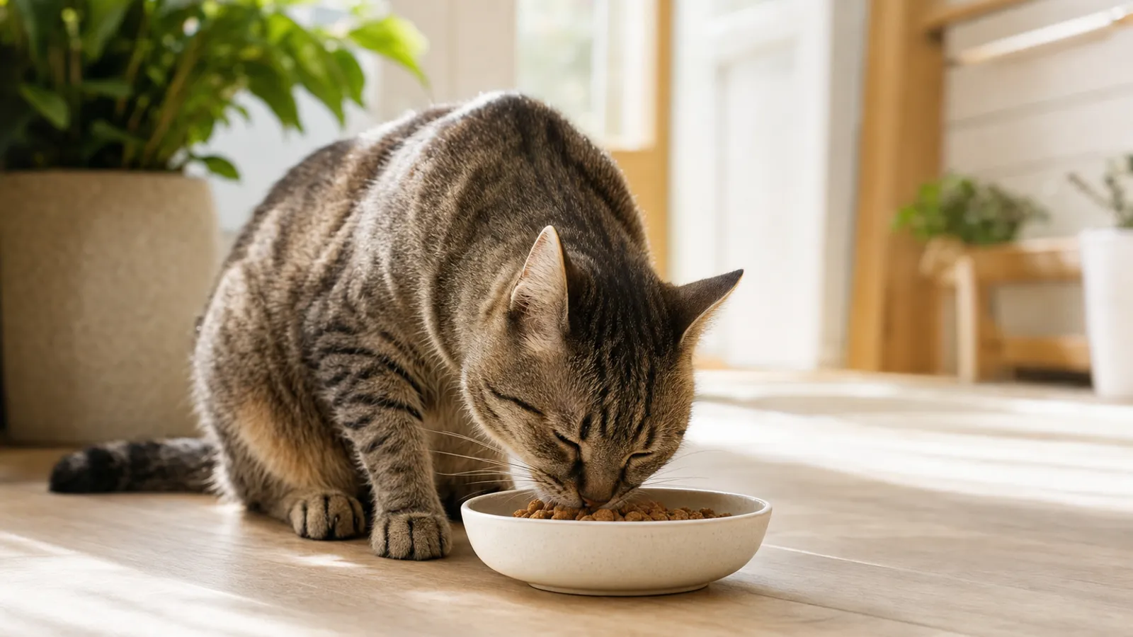Gato tigrado comendo ração em um comedouro baixo no chão da cozinha