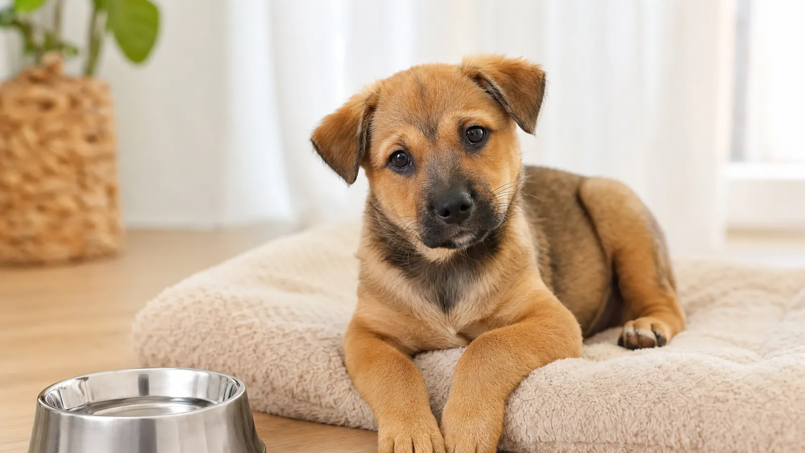 Filhote de cachorro deitado em uma caminha limpa ao lado de um pote de água