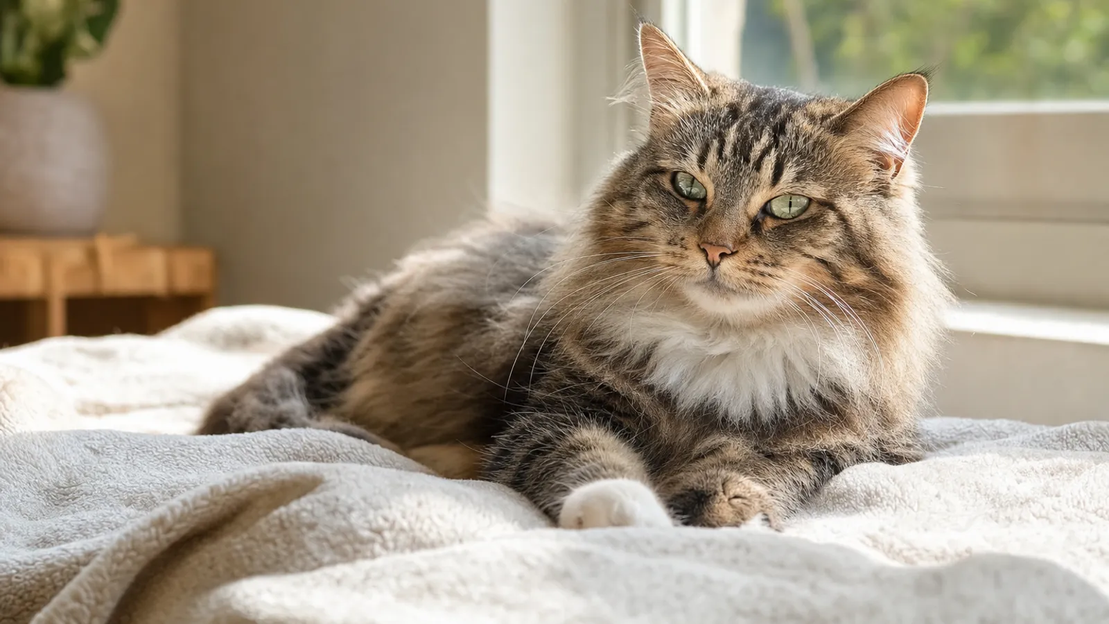 Gato de pelo médio deitado tranquilo sobre uma manta clara perto da janela