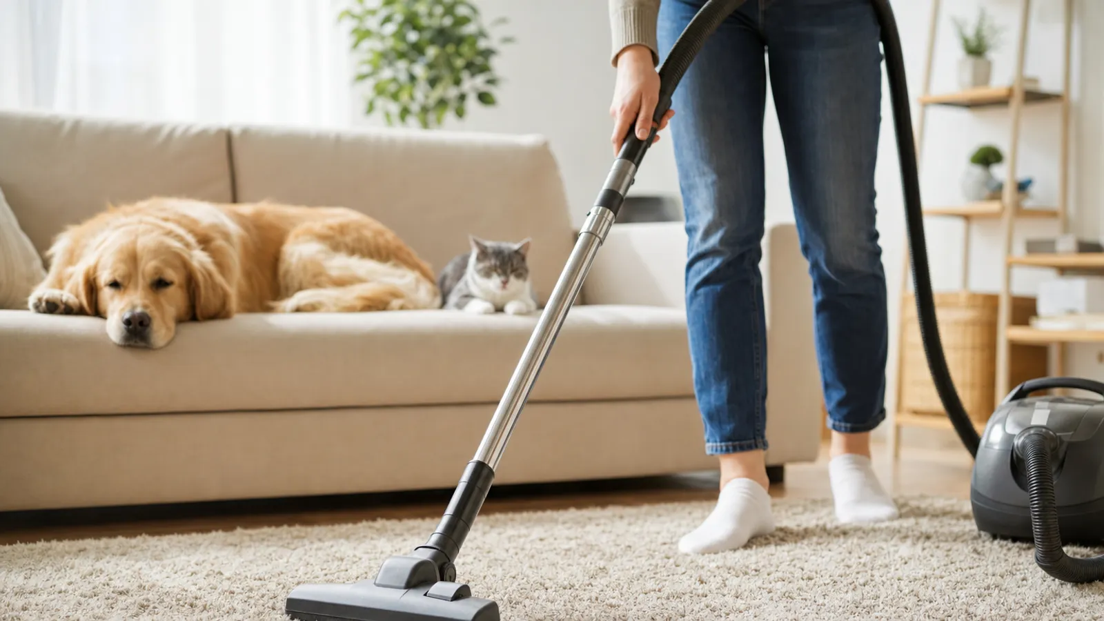 Pessoa aspirando um tapete da sala enquanto um cachorro e um gato descansam no sofá ao fundo