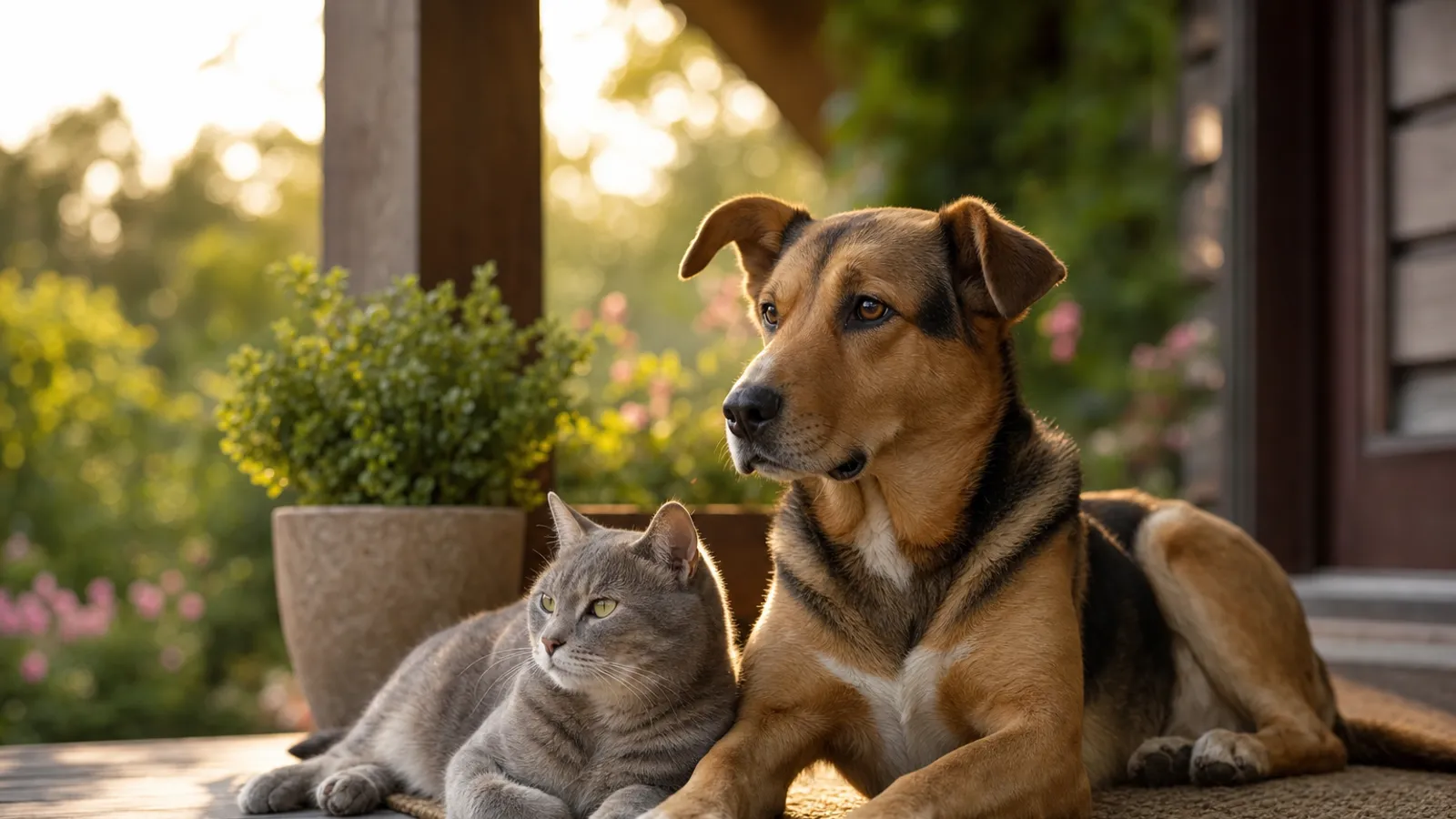 Cão de porte médio e gato descansando tranquilos em um quintal ao entardecer