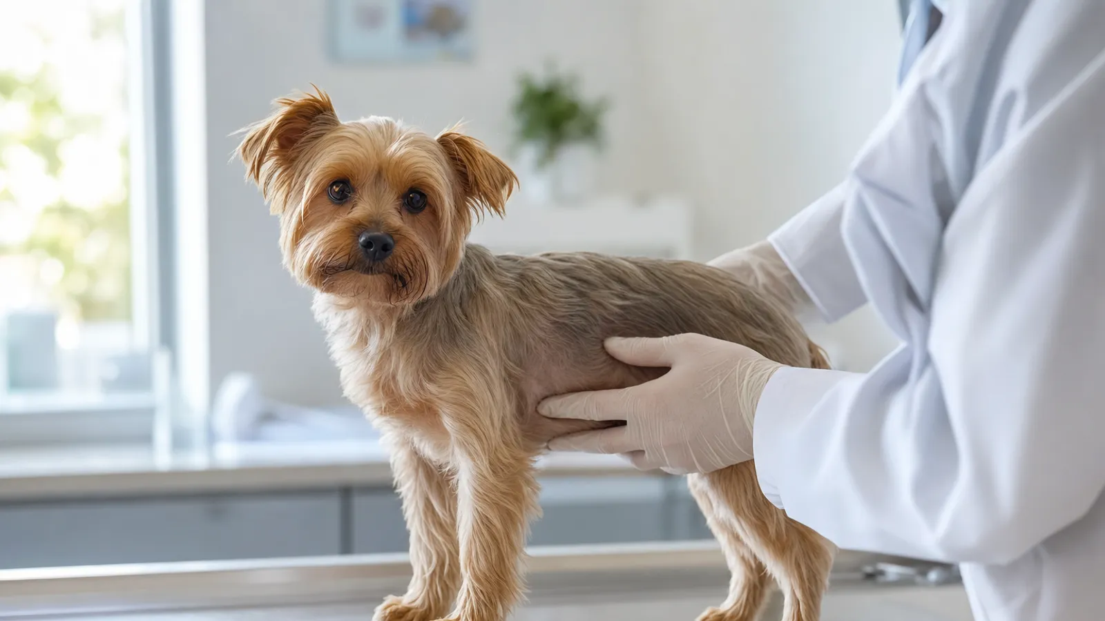 Cachorro pequeno sendo examinado com cuidado em uma mesa de clínica veterinária