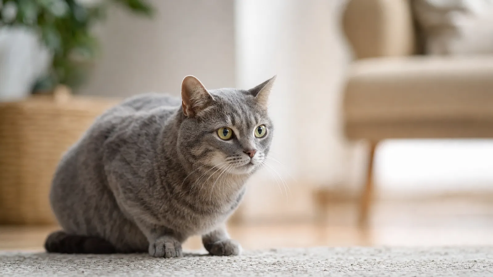 Gato cinza agachado sobre um tapete, com o pescoço levemente esticado para a frente