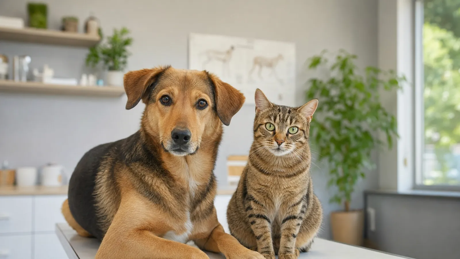 Cão e gato sentados lado a lado em uma clínica veterinária clara, aguardando atendimento