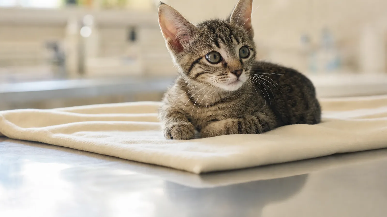 Filhote de gato tigrado deitado em uma manta clara sobre a mesa de uma clínica veterinária